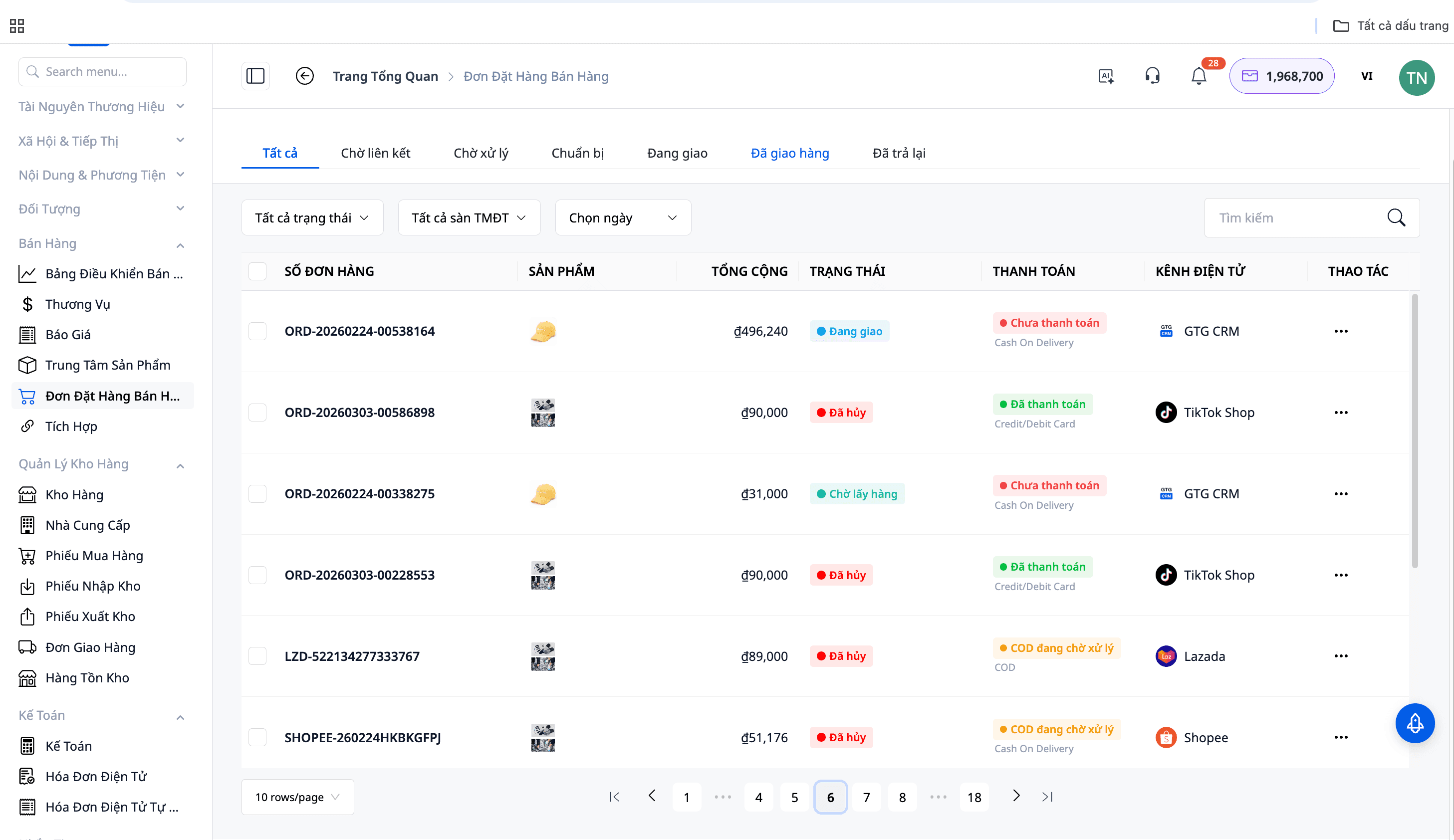Interface de gestion des commandes